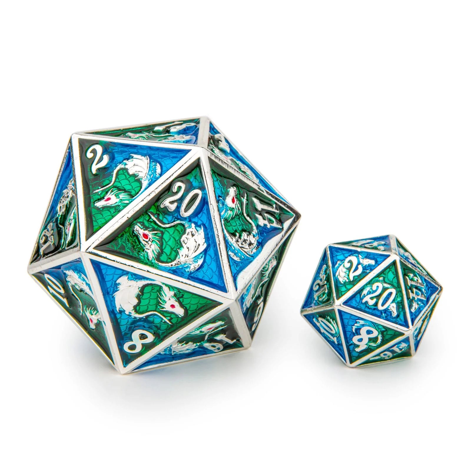 45mm Dragon D20 -Silver with Blue & Green - Game On