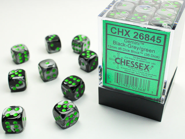 Gemini Black Grey/Green 12mm d6 - Game On