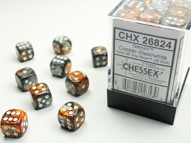Gemini Copper Steel/White 12mm d6 - Game On