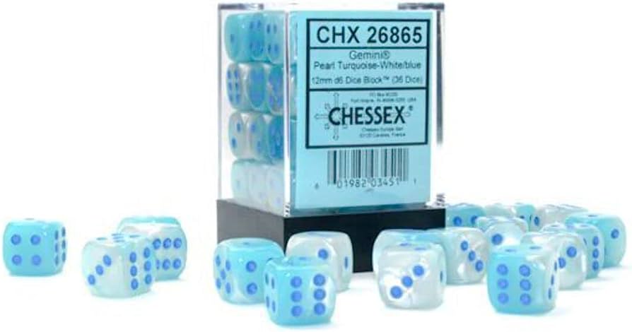 Gemini Pearl Turquoise White/blue 12mm d6 - Game On