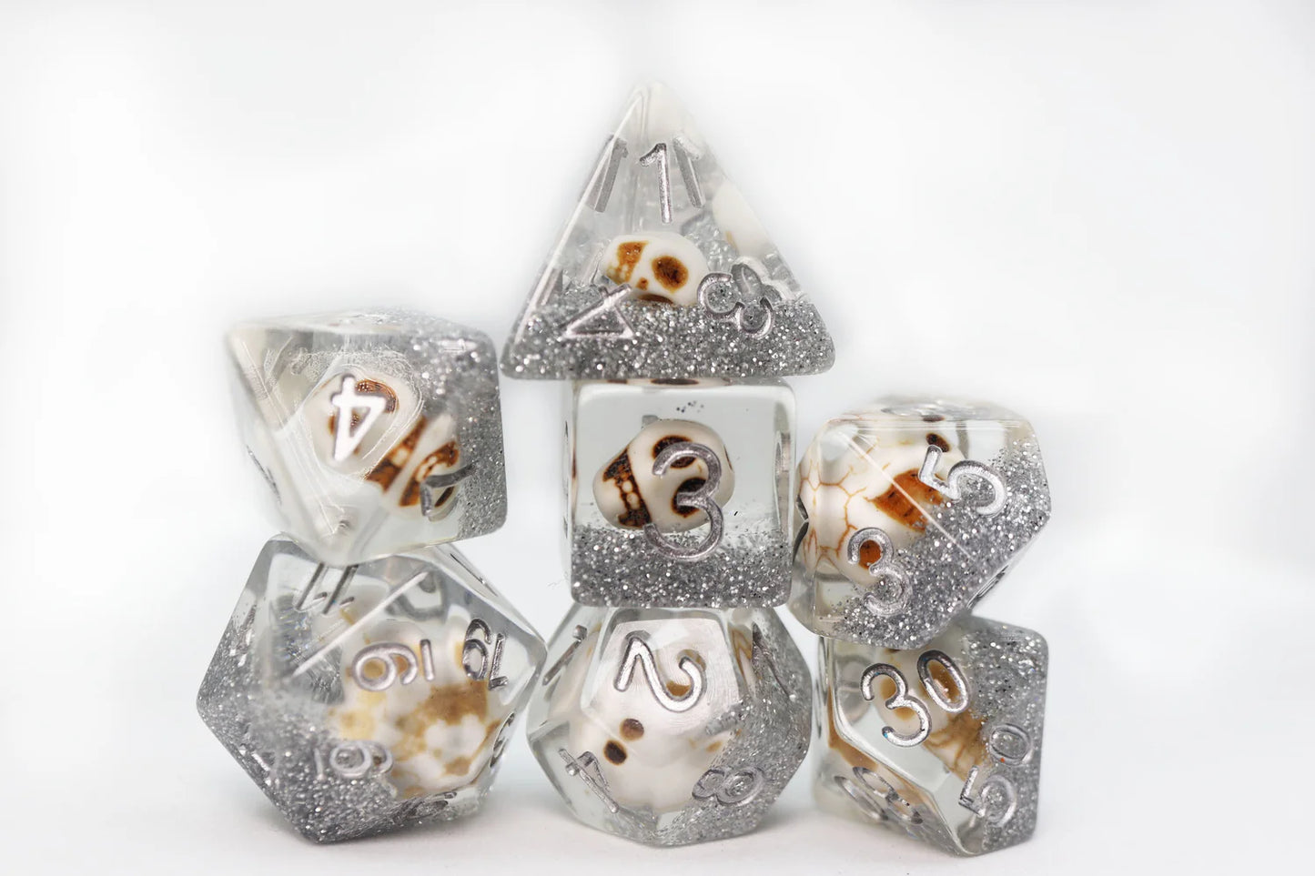 Skull & Silver Glitter RPG Dice - Game On