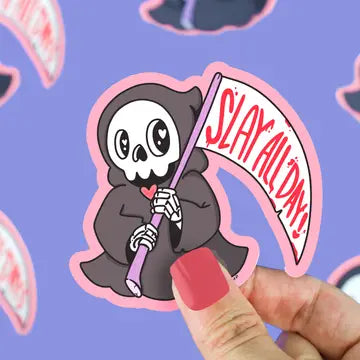 Slay All Day Cute Grim Reaper Halloween Vinyl Sticker - Game On
