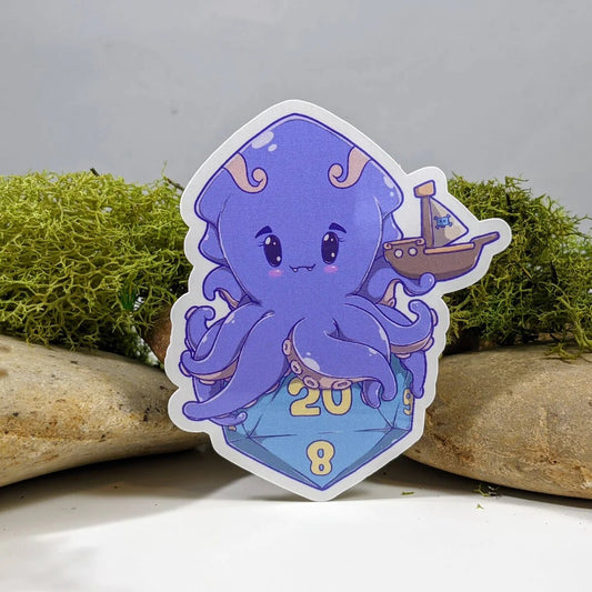 Chibi Kraken Atop A D20 Polyhedral Dice Sticker - 2.5" - Game On