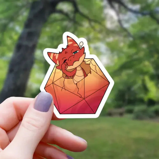 Dragonfolk Baby In D20 Dice Sticker - 3" - Game On