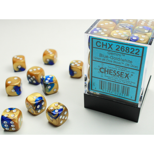 Gemini Blue Gold/White 12mm d6 - Game On