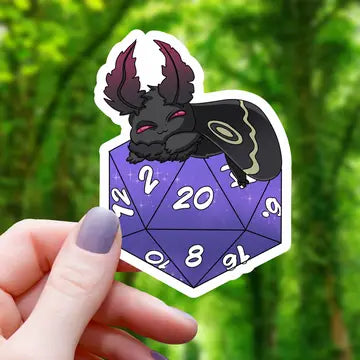 Mothman Sleeping On Polyhedral D20 - Dice Sticker - Game On