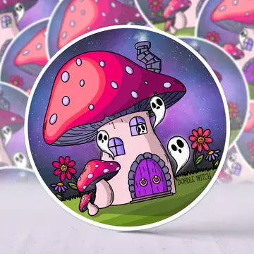 Mushroom Fairy House Sticker, Cottagecore Sticker - Game On
