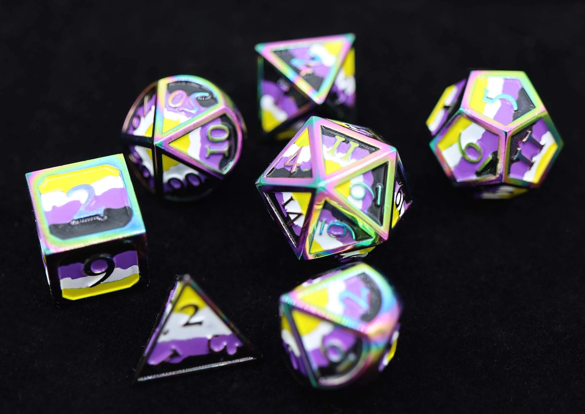 Nonbinary Pride Flag - Metal RPG Dice Set - Game On