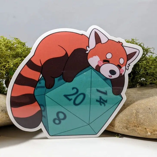 Sleepy Red Panda On Polyhedral D20 Dice Sticker - 2.5" - Game On