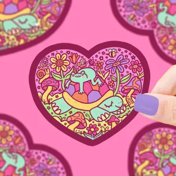 Sleepy Turtle and Frog Heart Valentines Vinyl Sticker - Game On