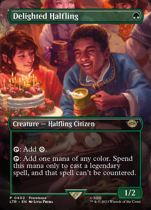 Delighted Halfling (402) - BORDERLESS - FULL ART (Foil) - The Lord of the Rings: Tales of Middle-earth - Game On